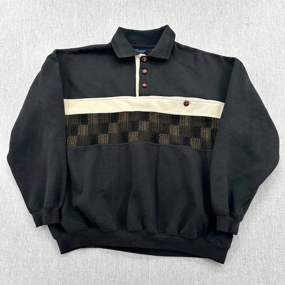 Vintage Safe Harbor Pullover Mens Large Black Sweater Panel Quarter Button Y2K